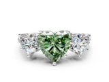 White gold Three-Stone Fancy Green Heart Cut Diamond Ring with Round  Pavé Band and Prong Setting_129
