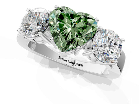 White gold Three-Stone Fancy Green Heart Cut Diamond Ring with Round Side Stones, Classic Band, and Four-Prong Setting_1