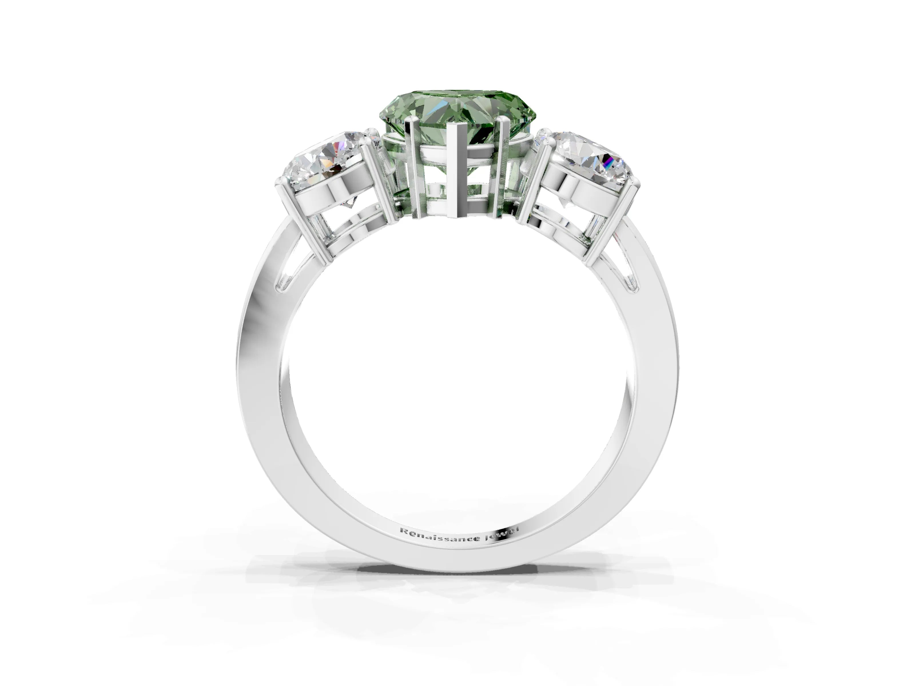 White gold Three-Stone Fancy Green Heart Cut Diamond Ring with Round Side Stones, Classic Band, and Four-Prong Setting_3
