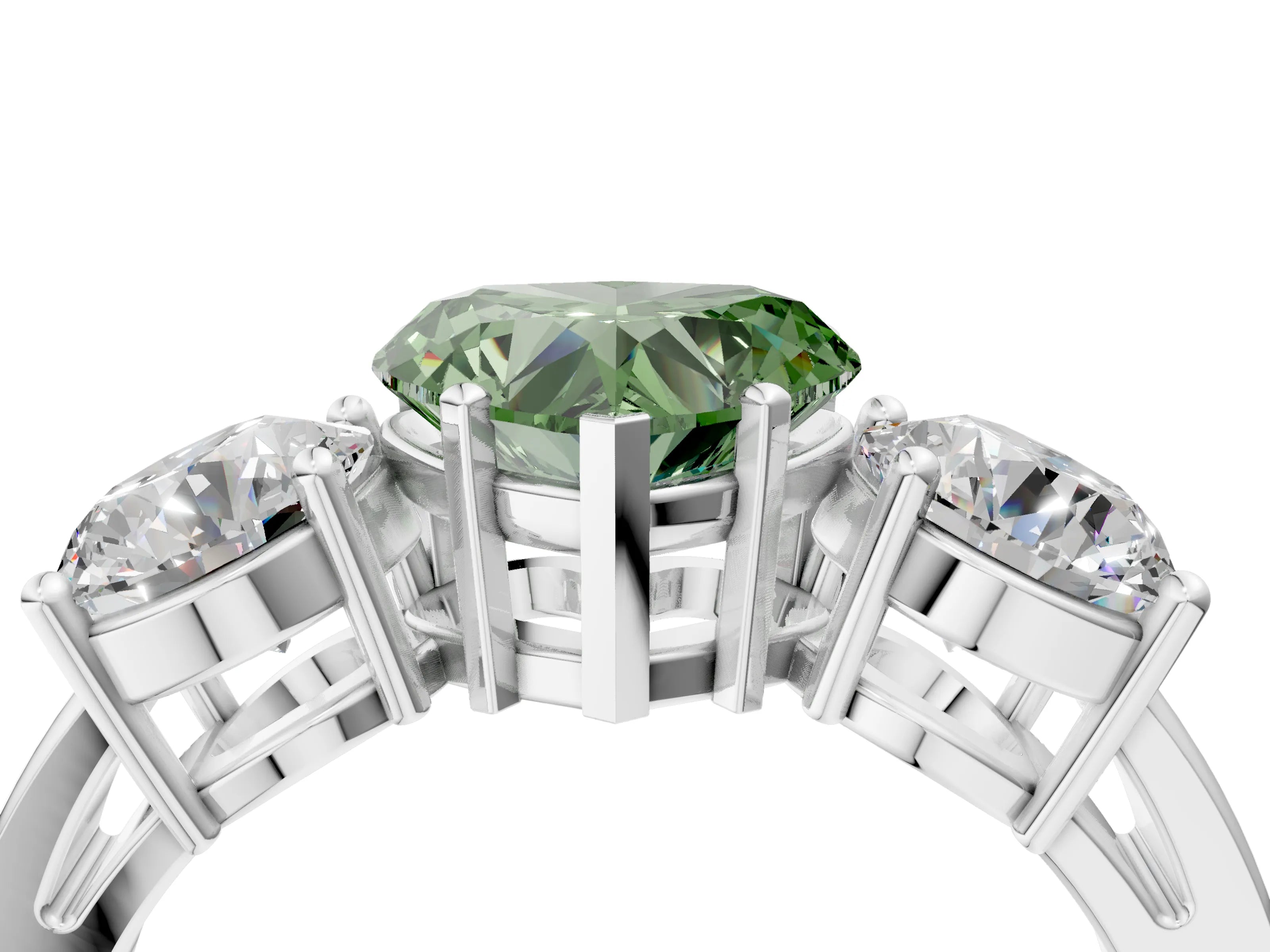 White gold Three-Stone Fancy Green Heart Cut Diamond Ring with Round Side Stones, Classic Band, and Four-Prong Setting_4