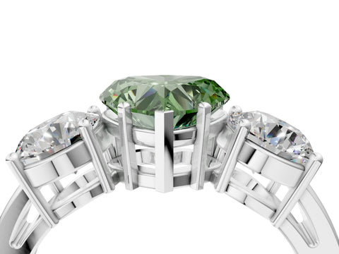 White gold Three-Stone Fancy Green Heart Cut Diamond Ring with Round Side Stones, Classic Band, and Four-Prong Setting_4