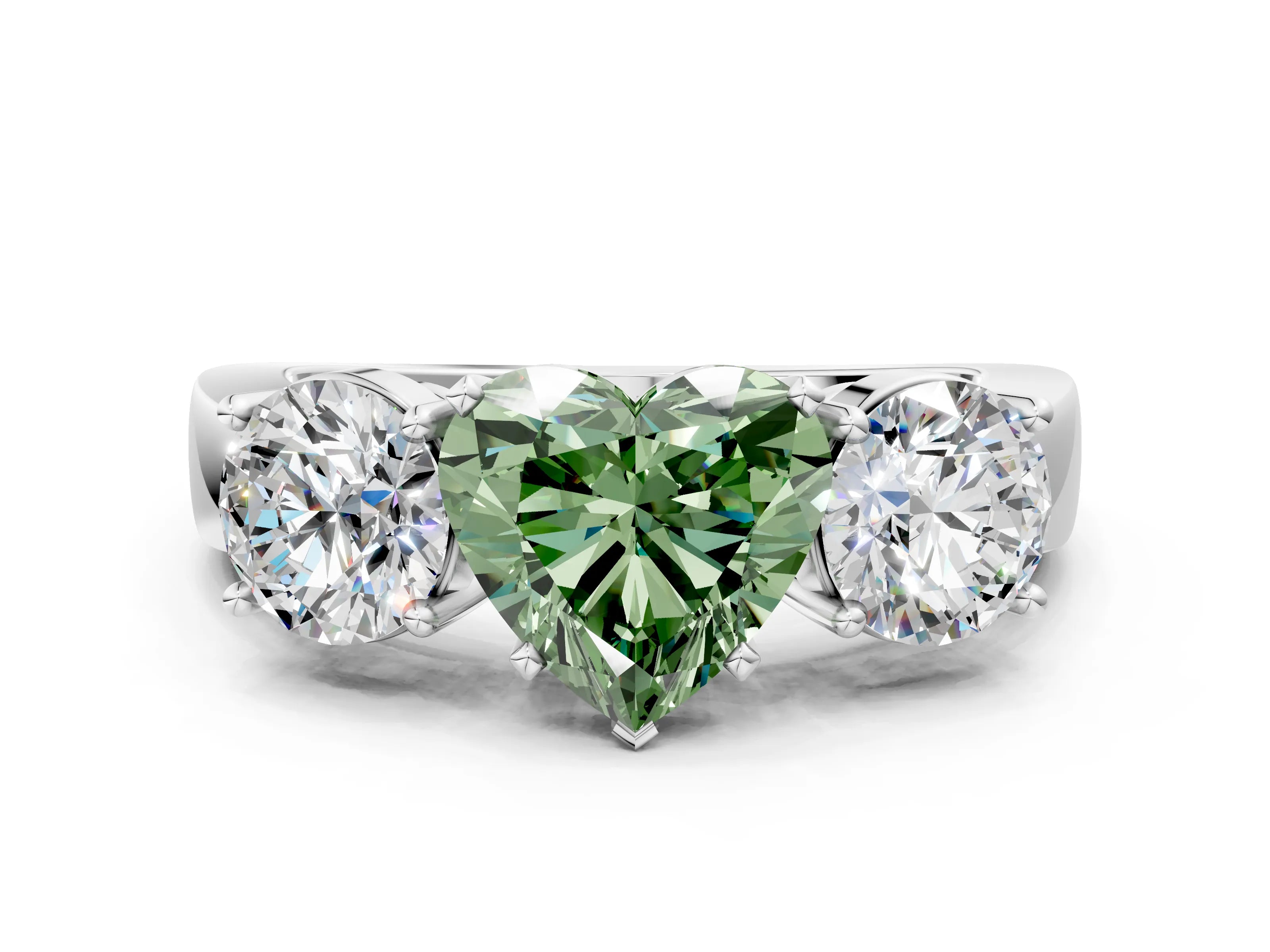 White gold Three-Stone Fancy Green Heart Cut Diamond Ring with Round Side Stones, Classic Band, and Four-Prong Setting