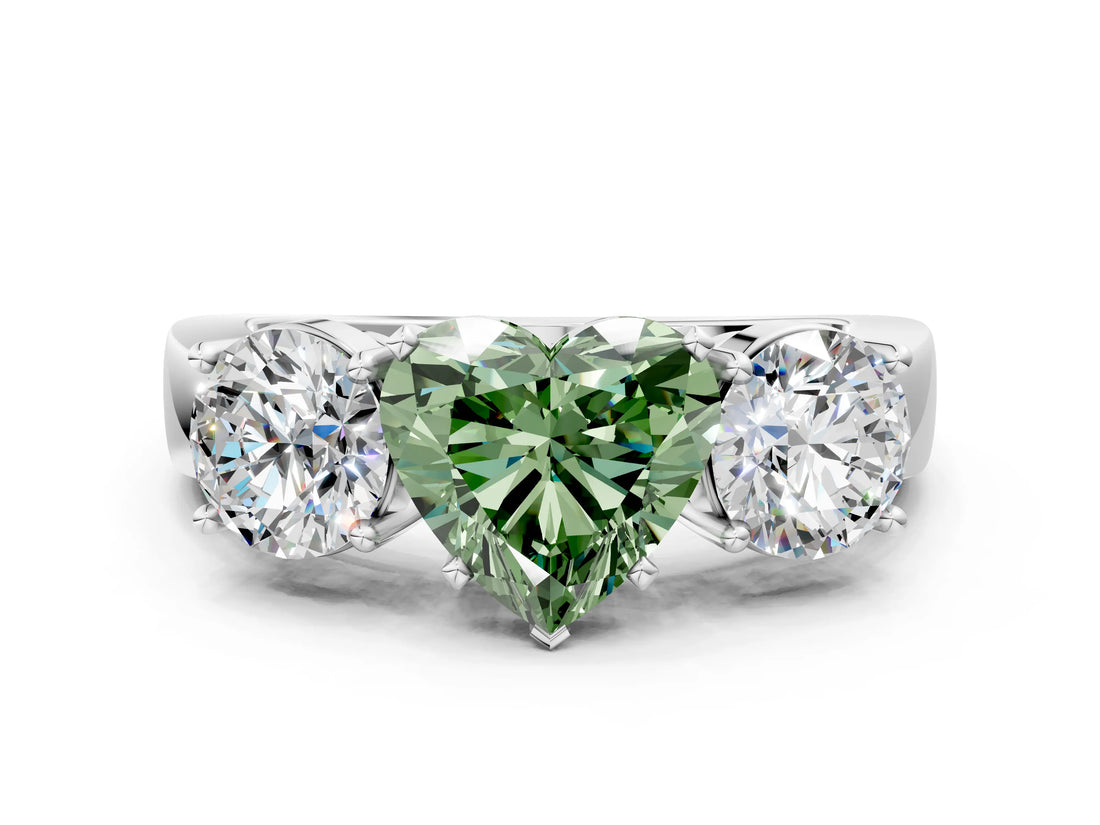 White gold Three-Stone Fancy Green Heart Cut Diamond Ring with Round Side Stones, Classic Band, and Four-Prong Setting