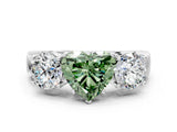 White gold Three-Stone Fancy Green Heart Cut Diamond Ring with Round Side Stones, Classic Band, and Four-Prong Setting