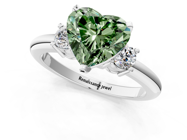 White gold Three-Stone Fancy Green Heart  Cut Diamond Solitaire with Prong Setting and Classic Band