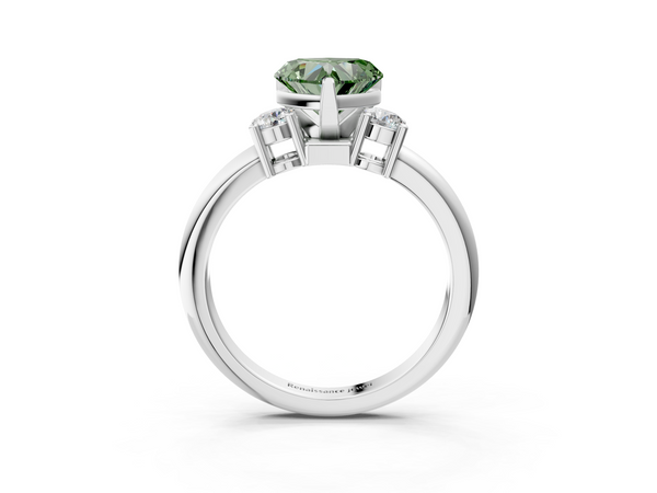 White gold Three-Stone Fancy Green Heart  Cut Diamond Solitaire with Prong Setting and Classic Band