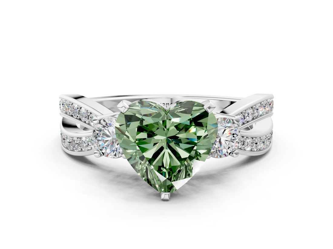 White gold Three-Stone Fancy Green Heart  Cut Diamond Twist Band with Prong Setting