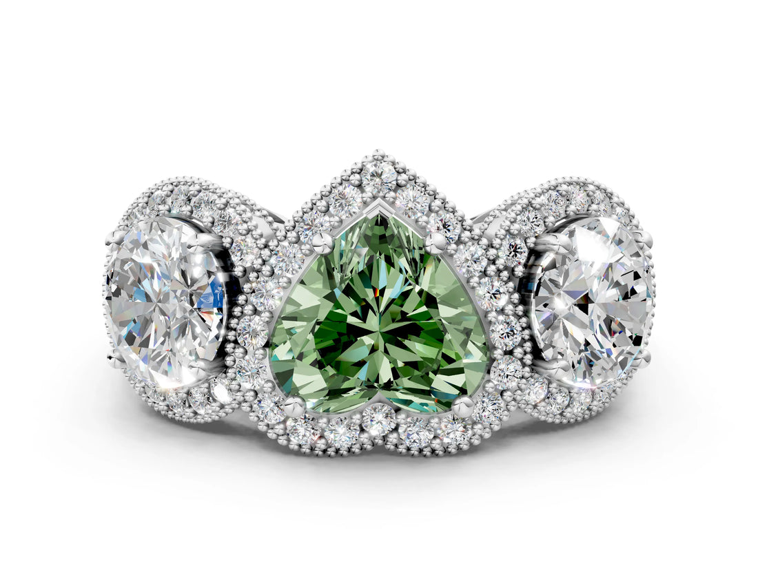 White gold Three-Stone Fancy Green Heart Cut Halo Diamond Milgrain Band with Four-Prong Setting