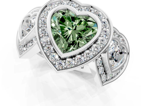 White gold Three-Stone Fancy Green Heart Cut Halo Pavé Diamond Ring_1