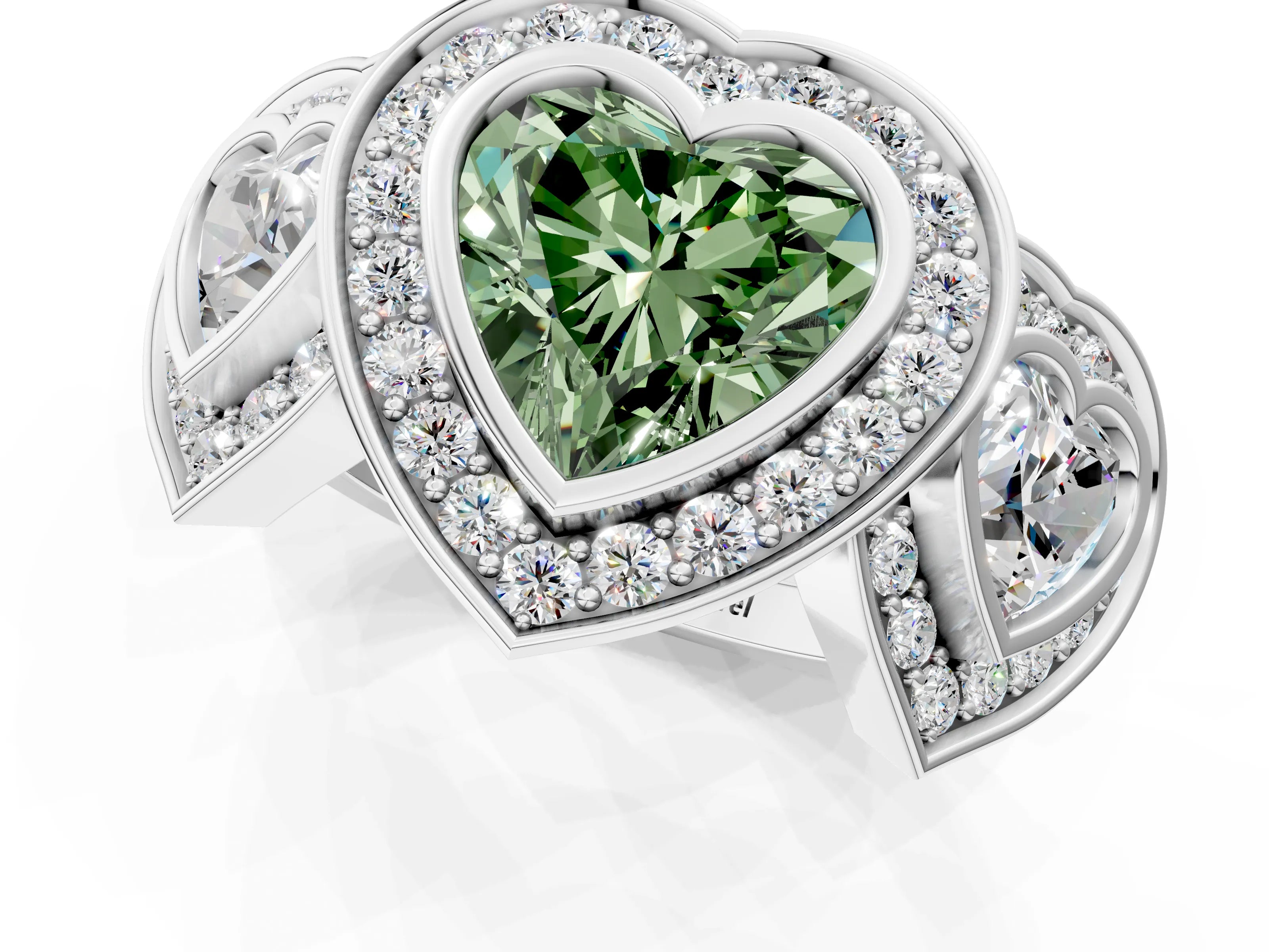 White gold Three-Stone Fancy Green Heart Cut Halo Pavé Diamond Ring_1