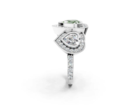 White gold Three-Stone Fancy Green Heart Cut Halo Pavé Diamond Ring_2