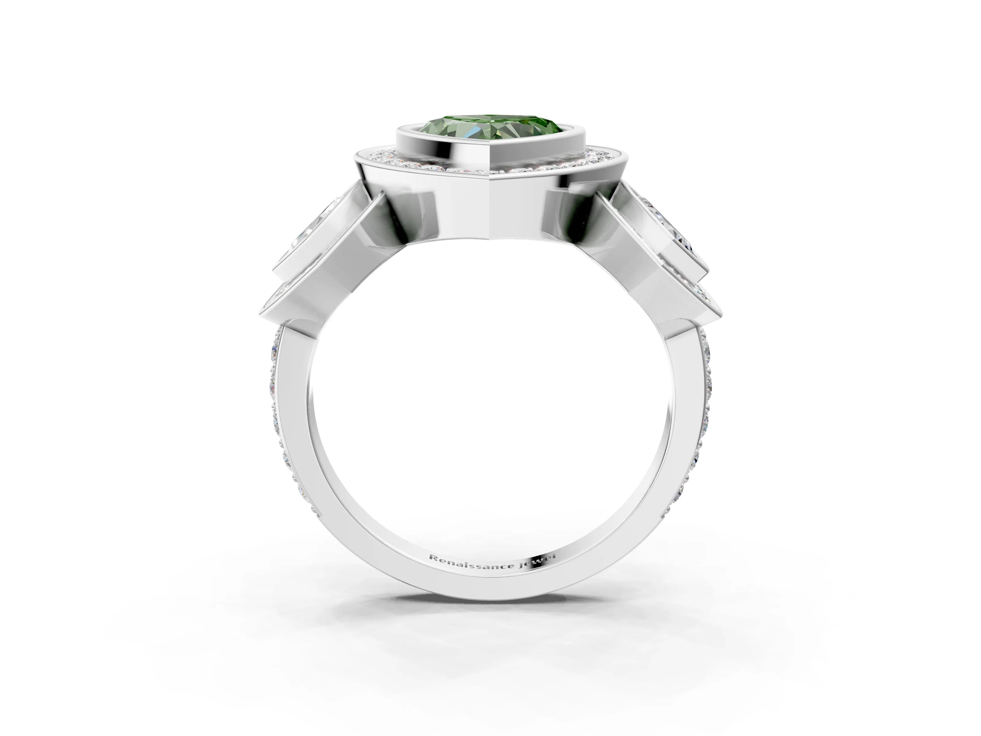White gold Three-Stone Fancy Green Heart Cut Halo Pavé Diamond Ring_3