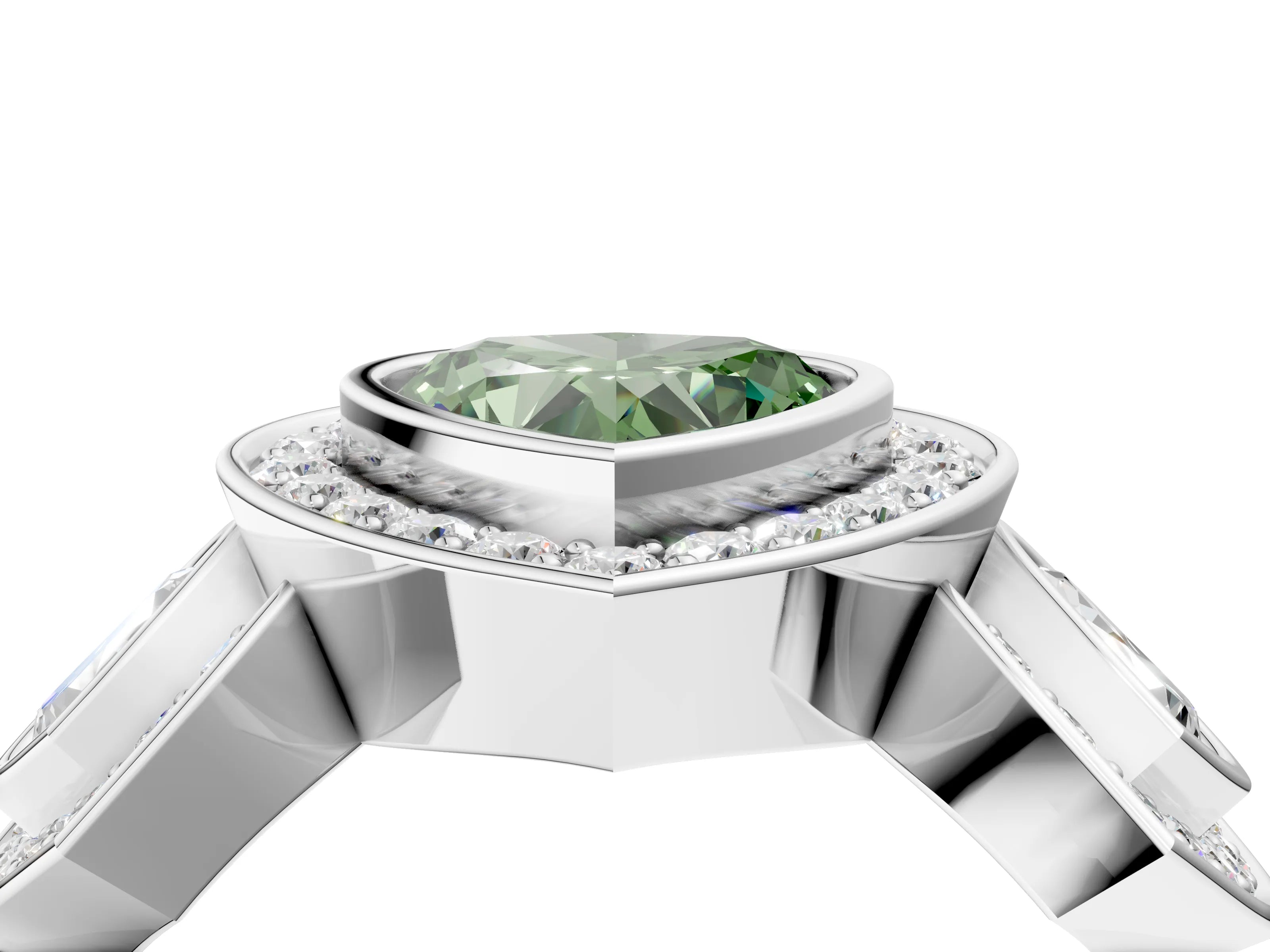White gold Three-Stone Fancy Green Heart Cut Halo Pavé Diamond Ring_4