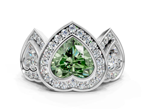White gold Three-Stone Fancy Green Heart Cut Halo Pavé Diamond Ring