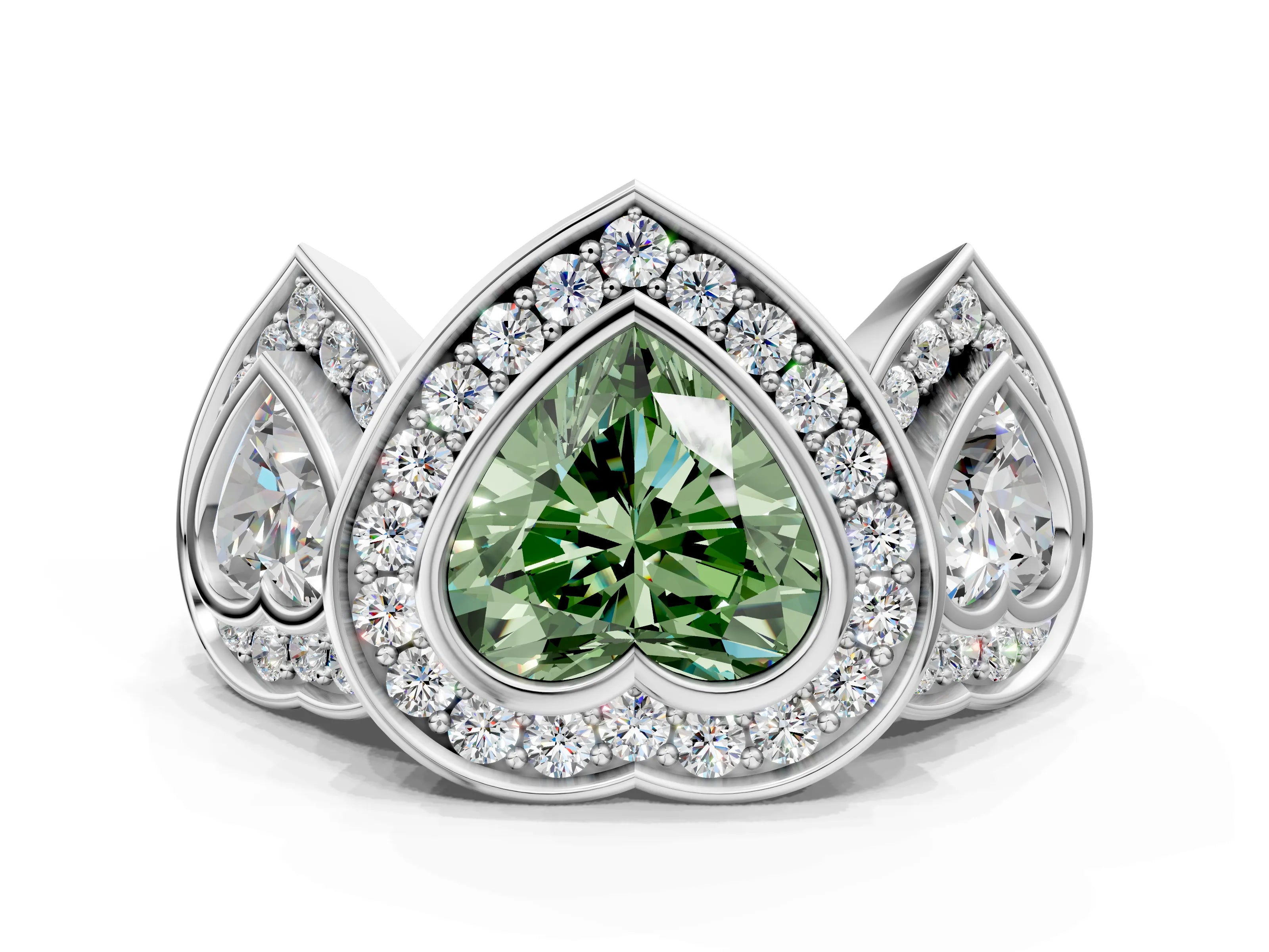 White gold Three-Stone Fancy Green Heart Cut Halo Pavé Diamond Ring