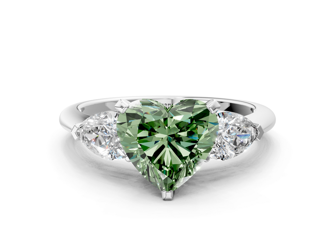 White gold Three-Stone Fancy Green Heart  Diamond Ring with Pear Side Stones in Four-Prong Setting