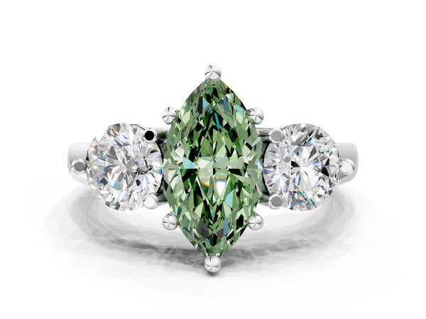 White gold Three-Stone Fancy Green Marquise  Brilliant Cut Solitaire Ring with Prong Setting on a Classic Band