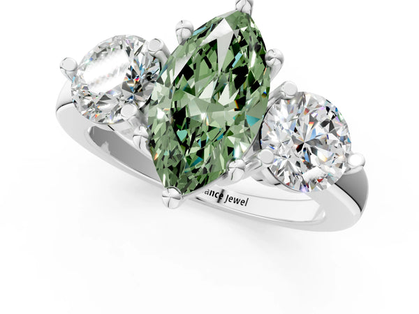 White gold Three-Stone Fancy Green Marquise  Brilliant Cut Solitaire Ring with Prong Setting on a Classic Band