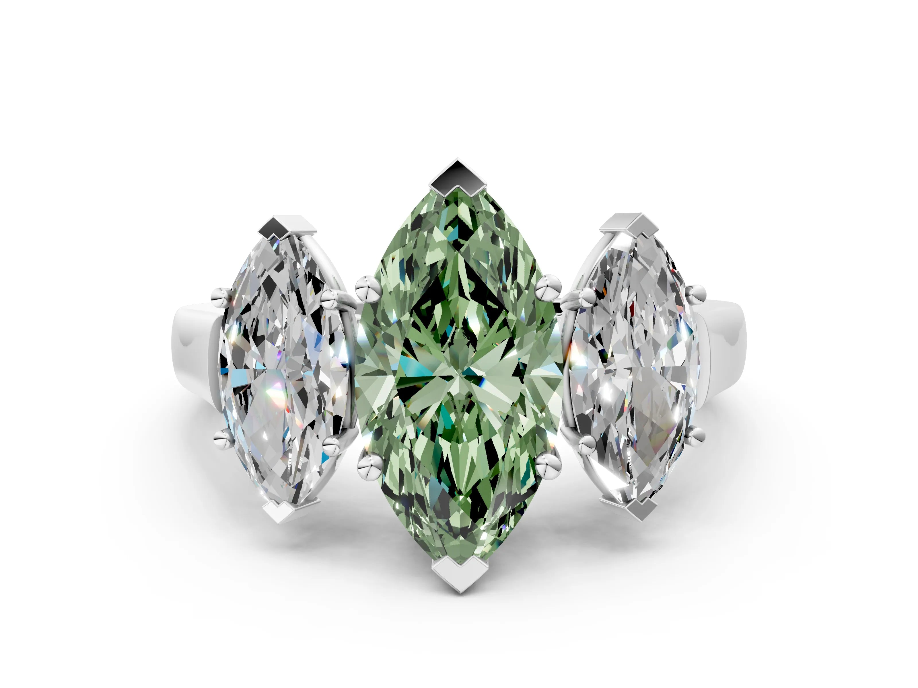 White gold Three-Stone Fancy Green Marquise Cut Brilliant Diamond Trellis Ring with Comfort Fit Band_12