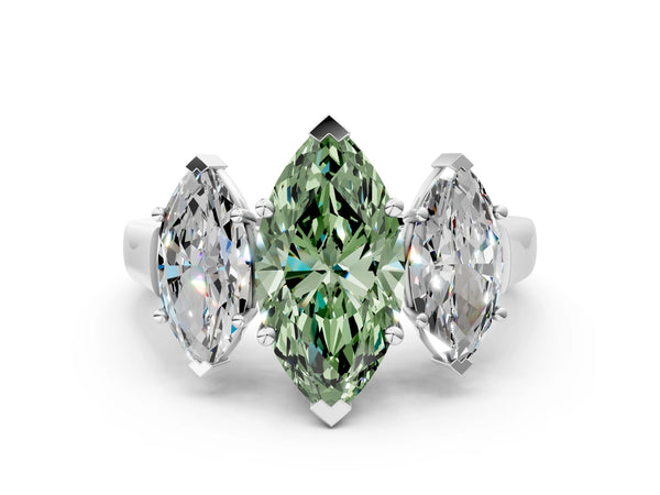 White gold Three-Stone Fancy Green Marquise Cut Brilliant Diamond Trellis Ring with Comfort Fit Band