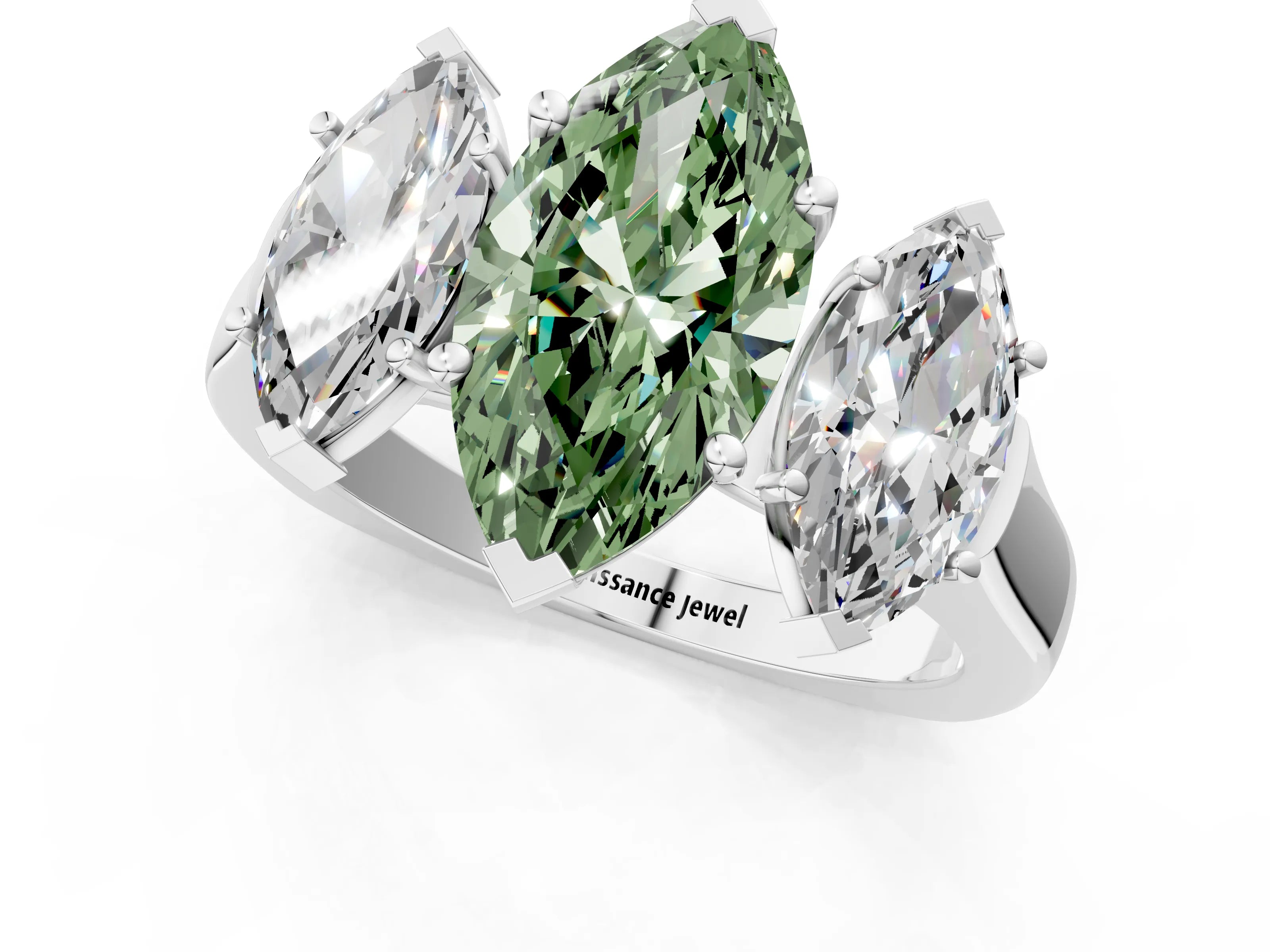 White gold Three-Stone Fancy Green Marquise Cut Brilliant Diamond Trellis Ring with Comfort Fit Band_13