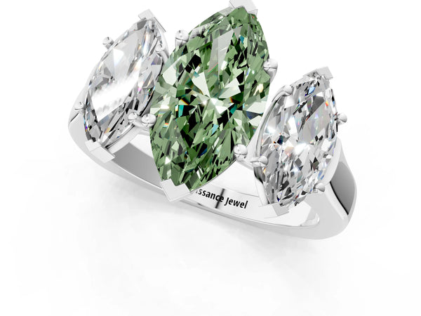 White gold Three-Stone Fancy Green Marquise Cut Brilliant Diamond Trellis Ring with Comfort Fit Band