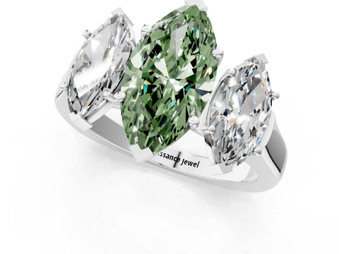 White gold Three-Stone Fancy Green Marquise Cut Brilliant Diamond Trellis Ring with Comfort Fit Band_13
