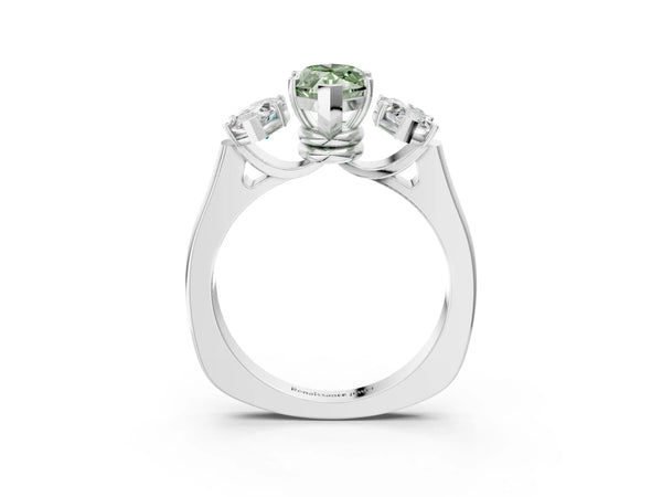 White gold Three-Stone Fancy Green Marquise Cut Brilliant Diamond Trellis Ring with Comfort Fit Band