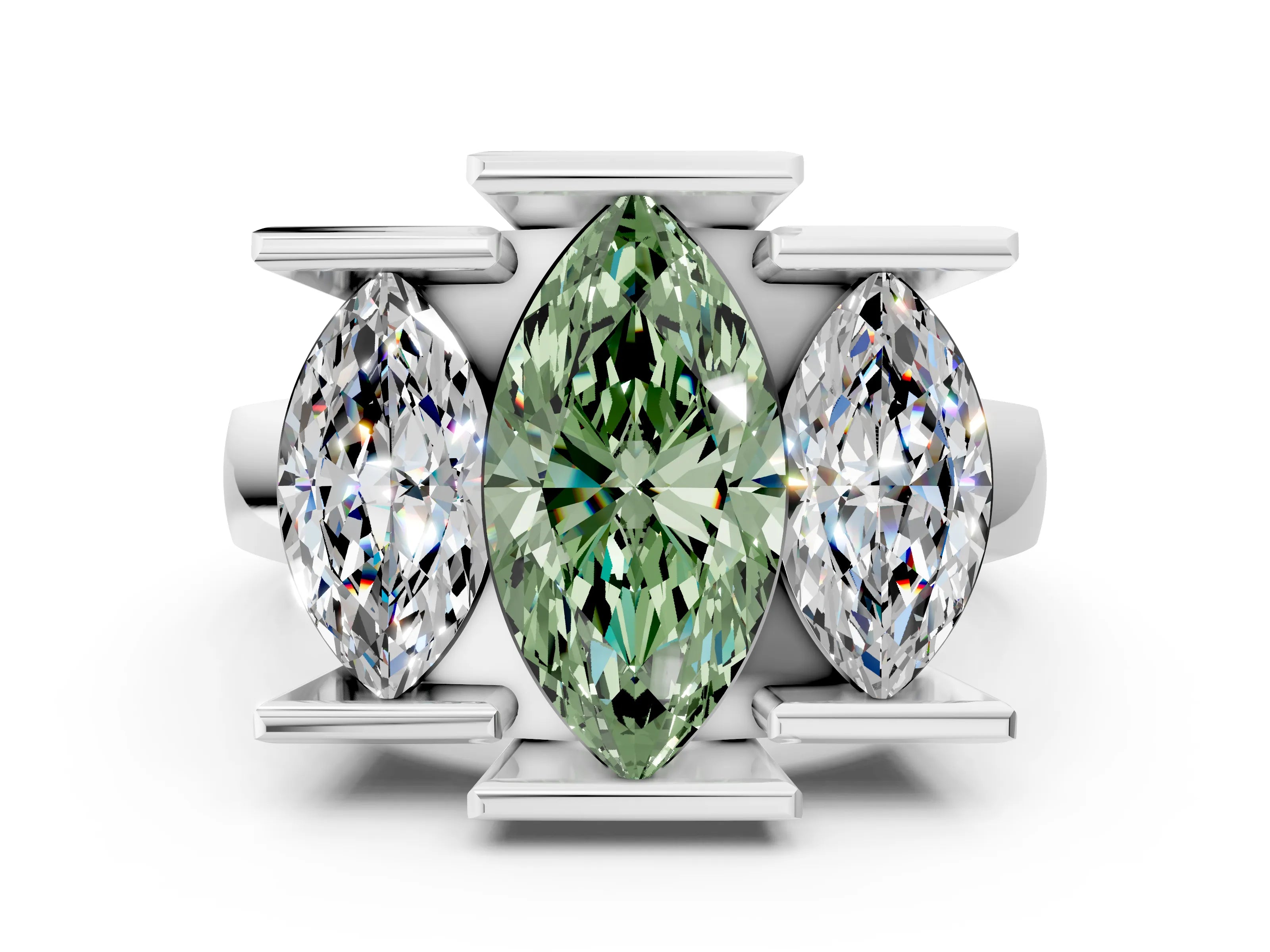 White gold Three Stone Fancy Green Marquise Cut Cut Channel Set Diamond Ring_24