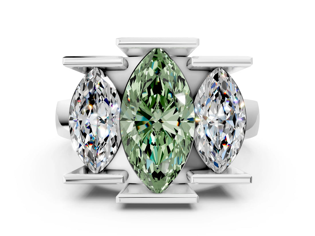 White gold Three Stone Fancy Green Marquise Cut Cut Channel Set Diamond Ring_24