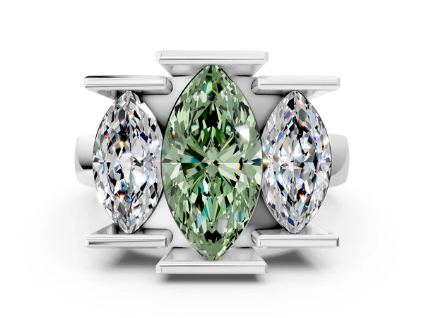 Platinum Three Stone Fancy Green Marquise Cut Cut Channel Set Diamond Ring