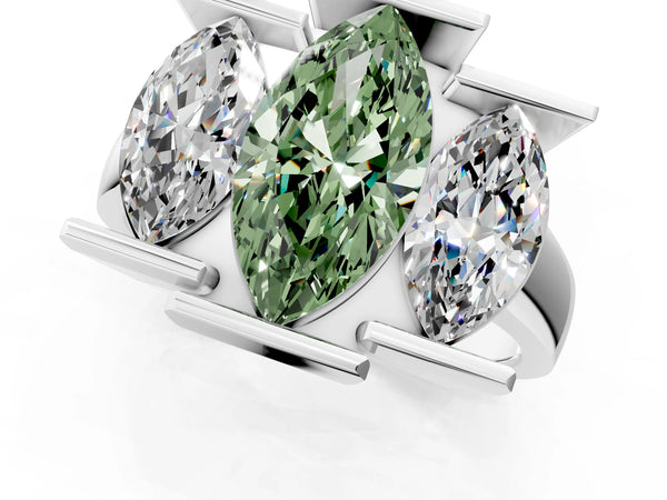 Platinum Three Stone Fancy Green Marquise Cut Cut Channel Set Diamond Ring