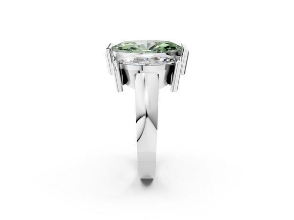 Platinum Three Stone Fancy Green Marquise Cut Cut Channel Set Diamond Ring