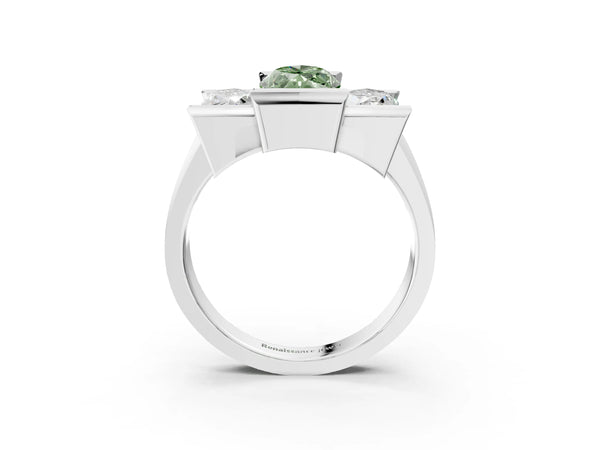Platinum Three Stone Fancy Green Marquise Cut Cut Channel Set Diamond Ring