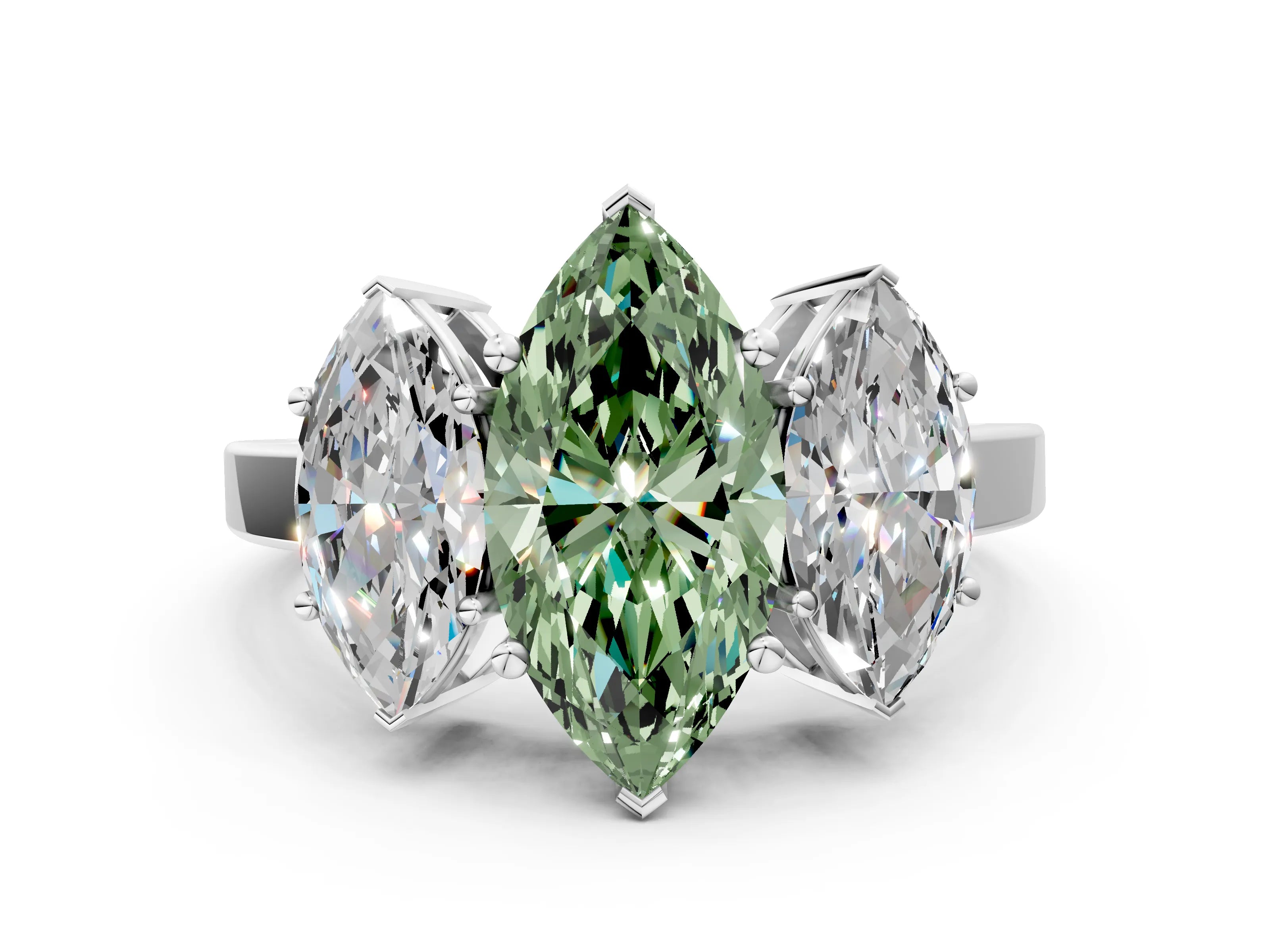 White gold Three-Stone Fancy Green Marquise Cut Cut Diamond Engagement Ring with Flat Band and Four-Prong Setting