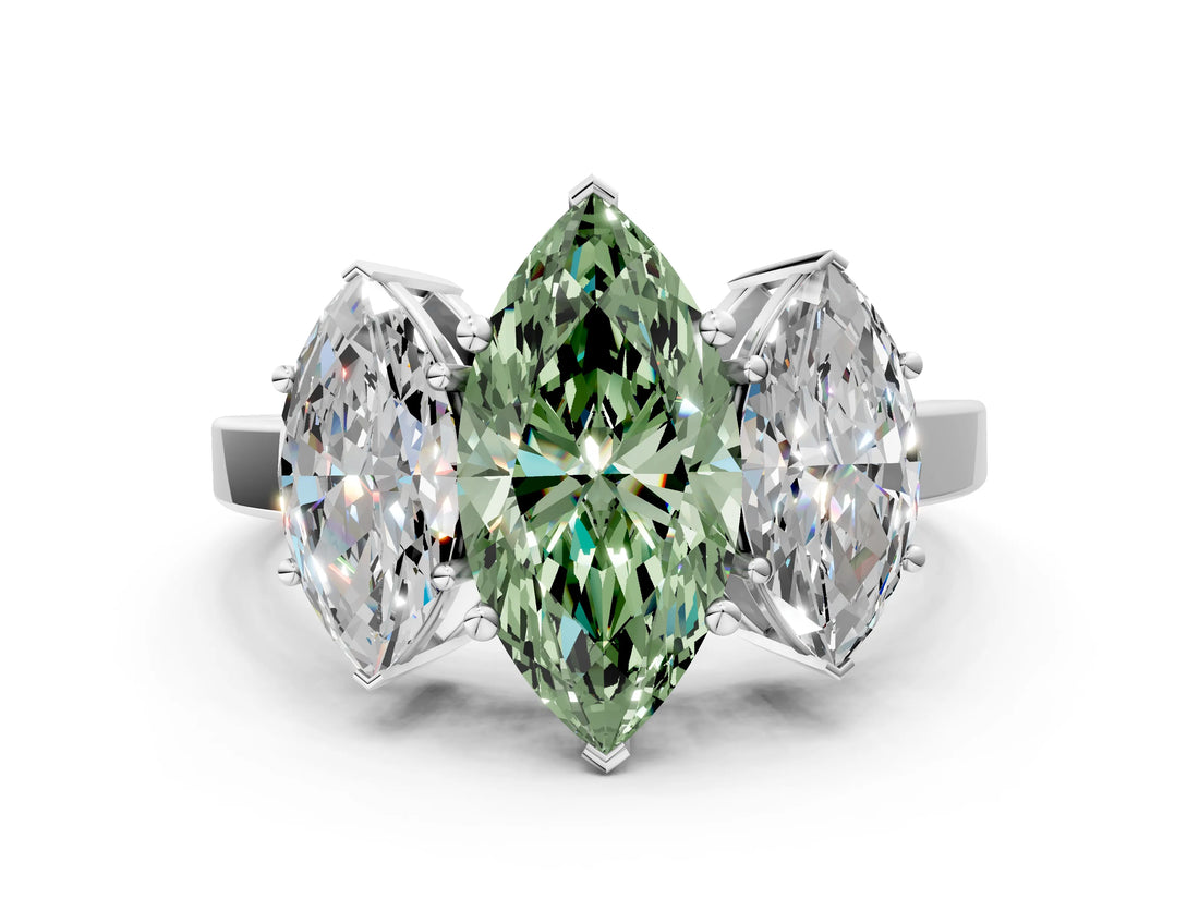 White gold Three-Stone Fancy Green Marquise Cut Cut Diamond Engagement Ring with Flat Band and Four-Prong Setting_12