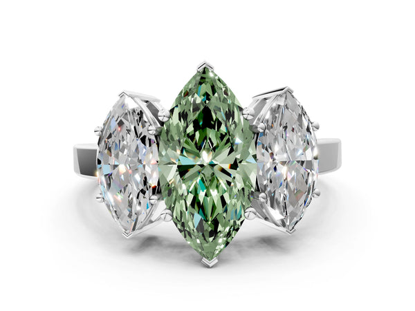 White gold Three-Stone Fancy Green Marquise Cut Cut Diamond Engagement Ring with Flat Band and Four-Prong Setting