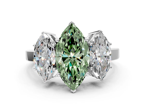 White gold Three-Stone Fancy Green Marquise Cut Cut Diamond Engagement Ring with Flat Band and Four-Prong Setting