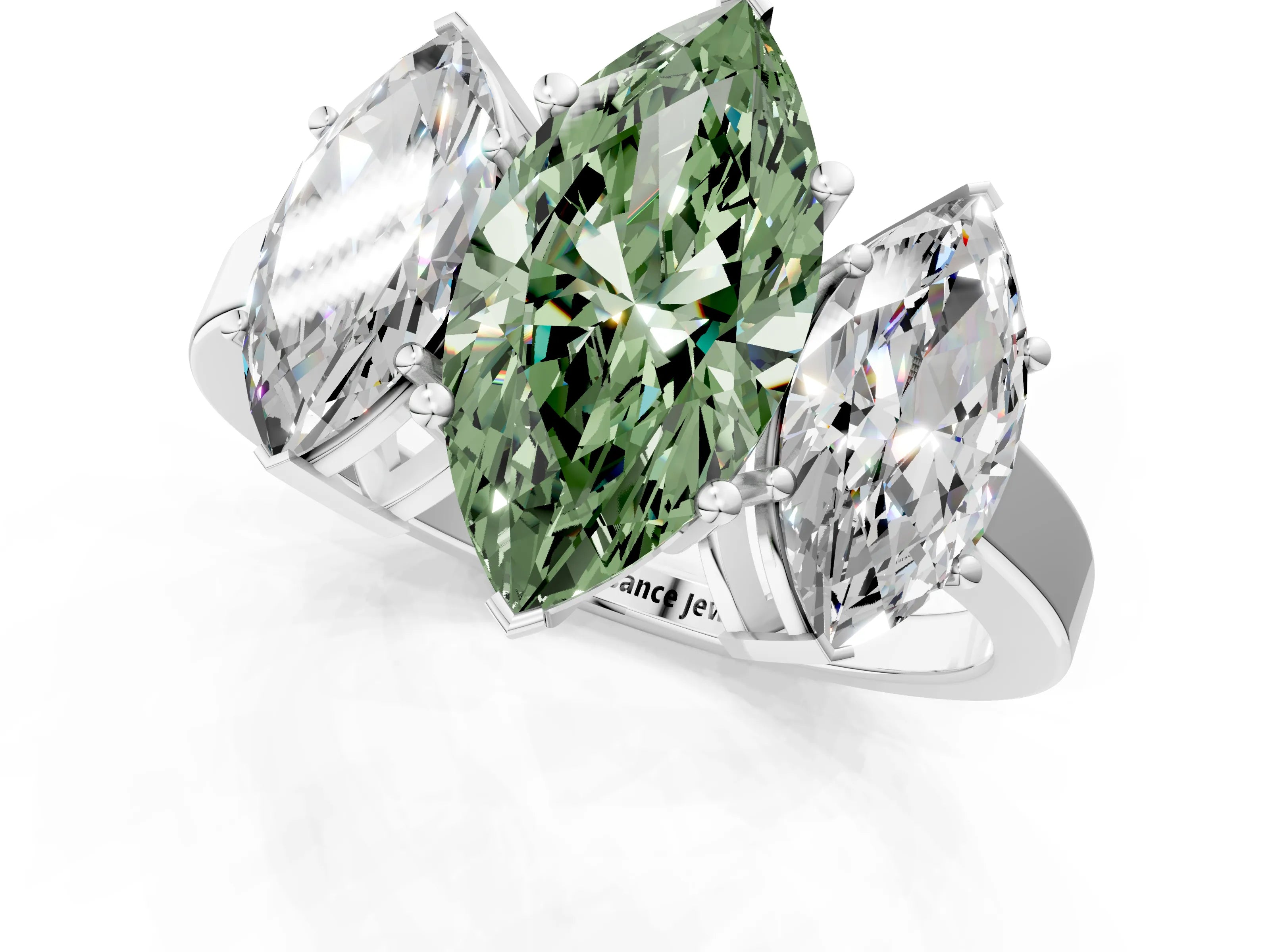 White gold Three-Stone Fancy Green Marquise Cut Cut Diamond Engagement Ring with Flat Band and Four-Prong Setting_13