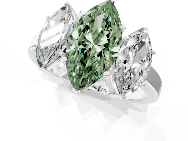 White gold Three-Stone Fancy Green Marquise Cut Cut Diamond Engagement Ring with Flat Band and Four-Prong Setting