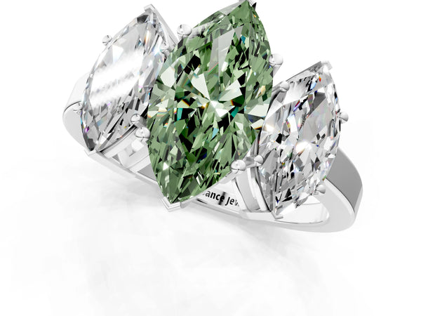 White gold Three-Stone Fancy Green Marquise Cut Cut Diamond Engagement Ring with Flat Band and Four-Prong Setting