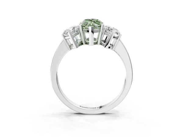 White gold Three-Stone Fancy Green Marquise Cut Cut Diamond Engagement Ring with Flat Band and Four-Prong Setting