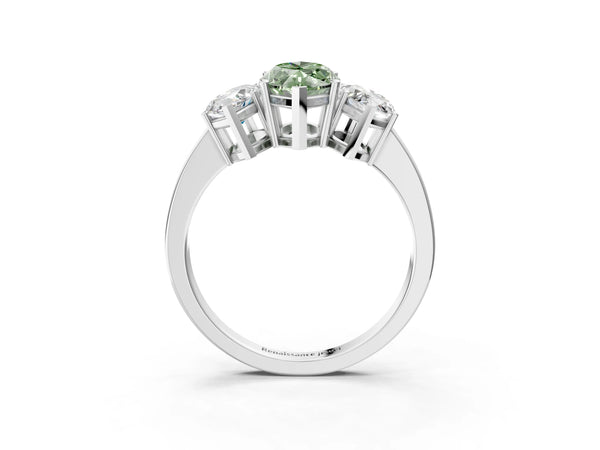 White gold Three-Stone Fancy Green Marquise Cut Cut Diamond Engagement Ring with Flat Band and Four-Prong Setting