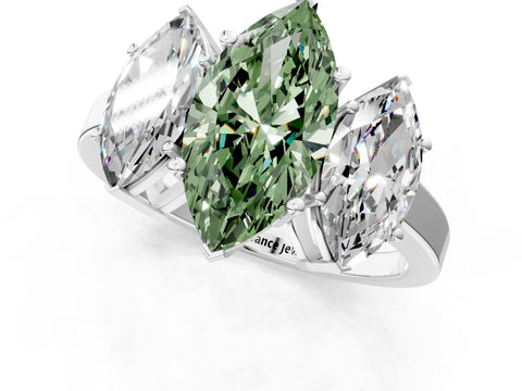 White gold Three-Stone Fancy Green Marquise Cut Cut Diamond Engagement Ring with Flat Band and Four-Prong Setting_1