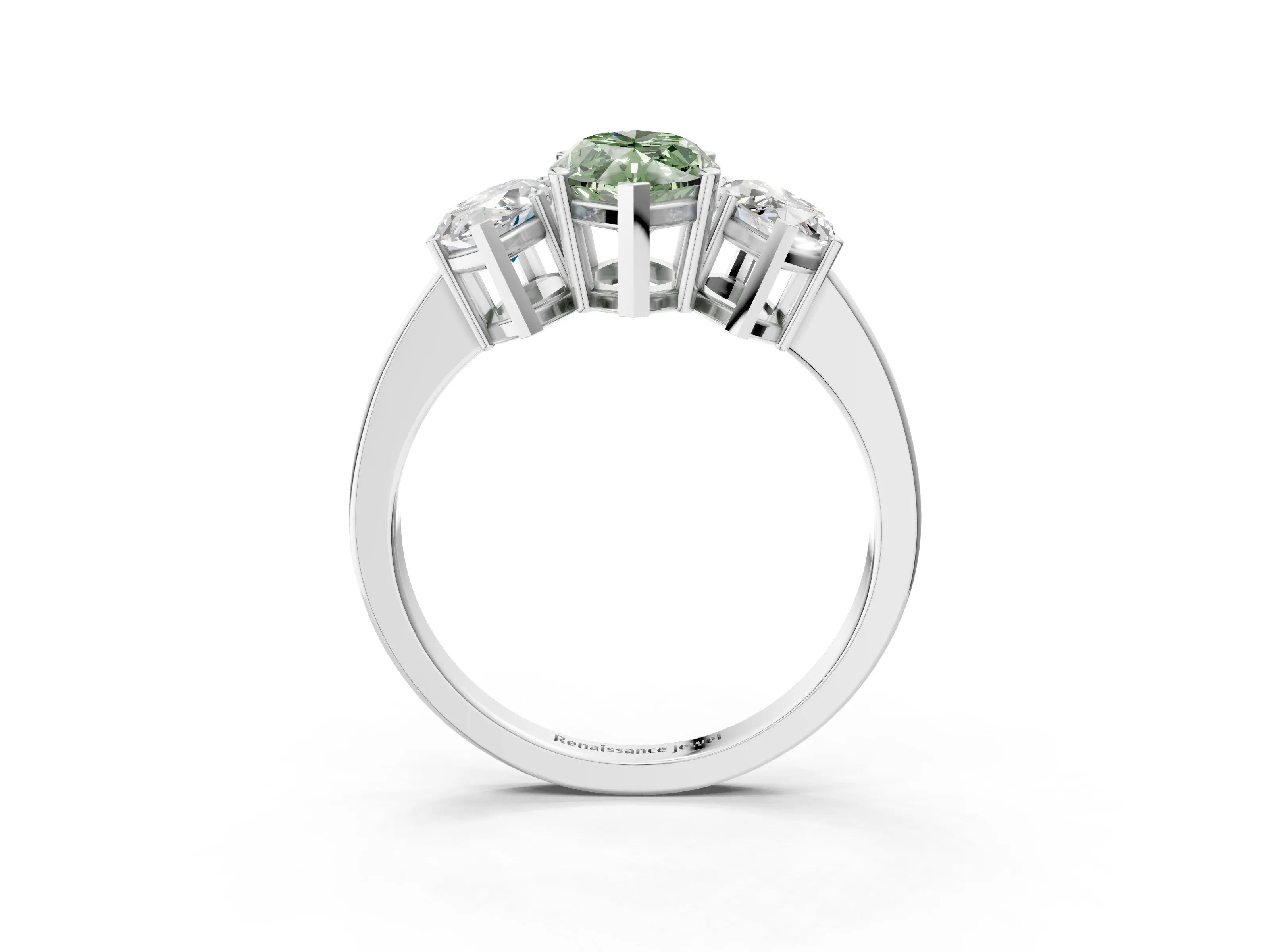 White gold Three-Stone Fancy Green Marquise Cut Cut Diamond Engagement Ring with Flat Band and Four-Prong Setting_3