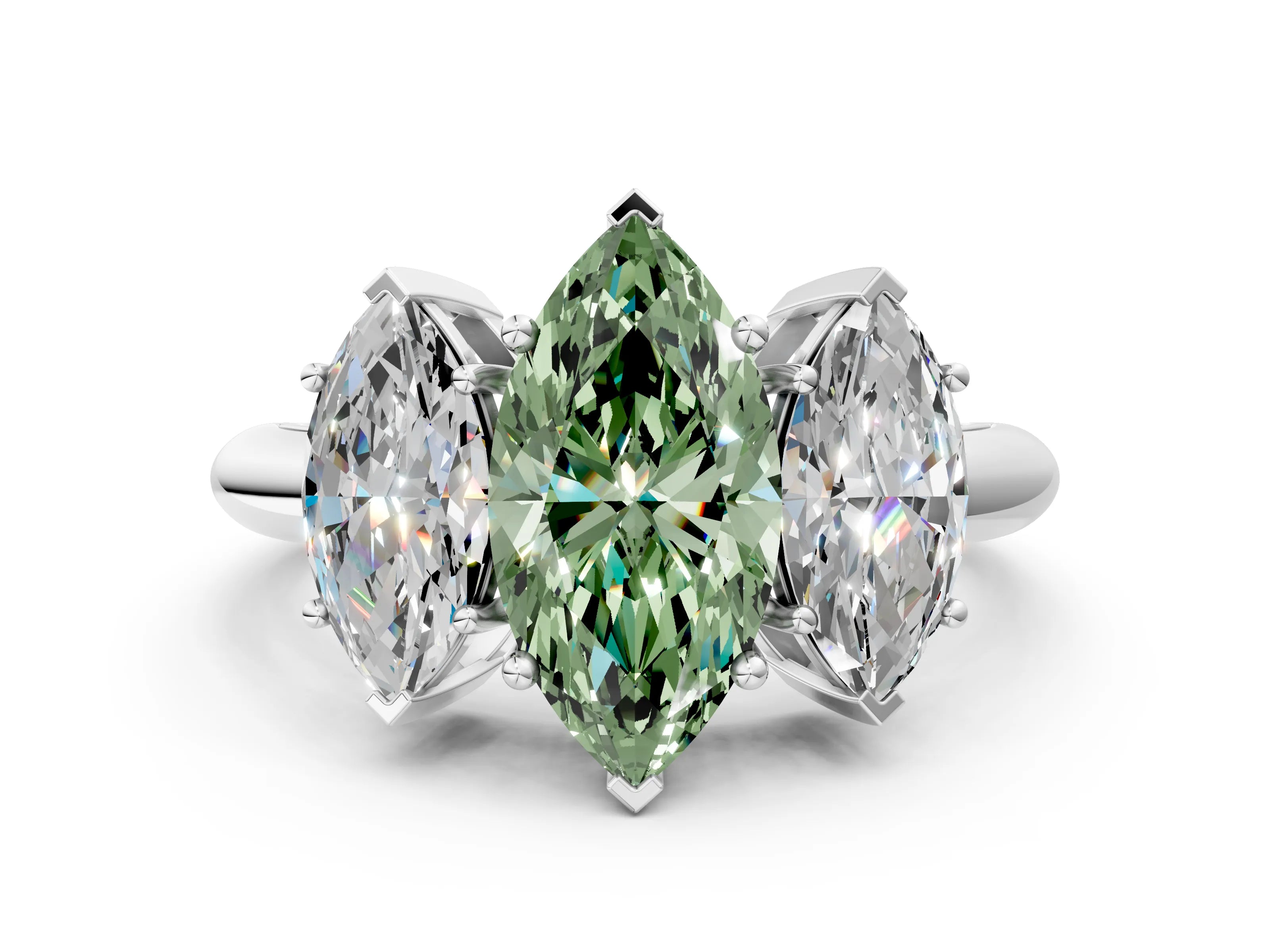 White gold Three-Stone Fancy Green Marquise Cut Cut Diamond Engagement Ring with Prong Setting on a White Gold Band_12