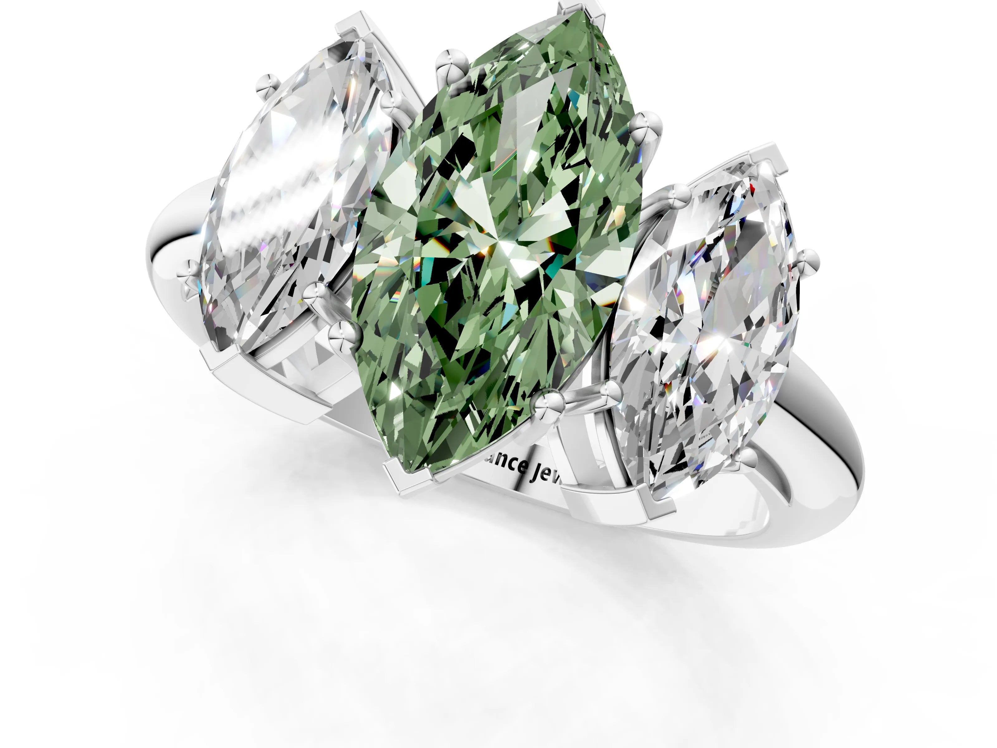 White gold Three-Stone Fancy Green Marquise Cut Cut Diamond Engagement Ring with Prong Setting on a White Gold Band_13