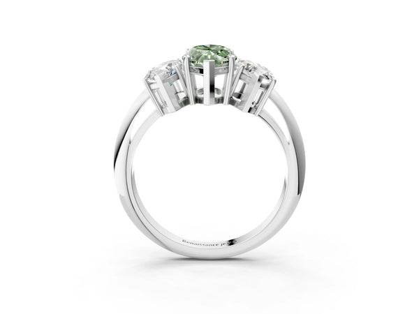 Platinum Three-Stone Fancy Green Marquise Cut Cut Diamond Engagement Ring with Prong Setting on a White Gold Band