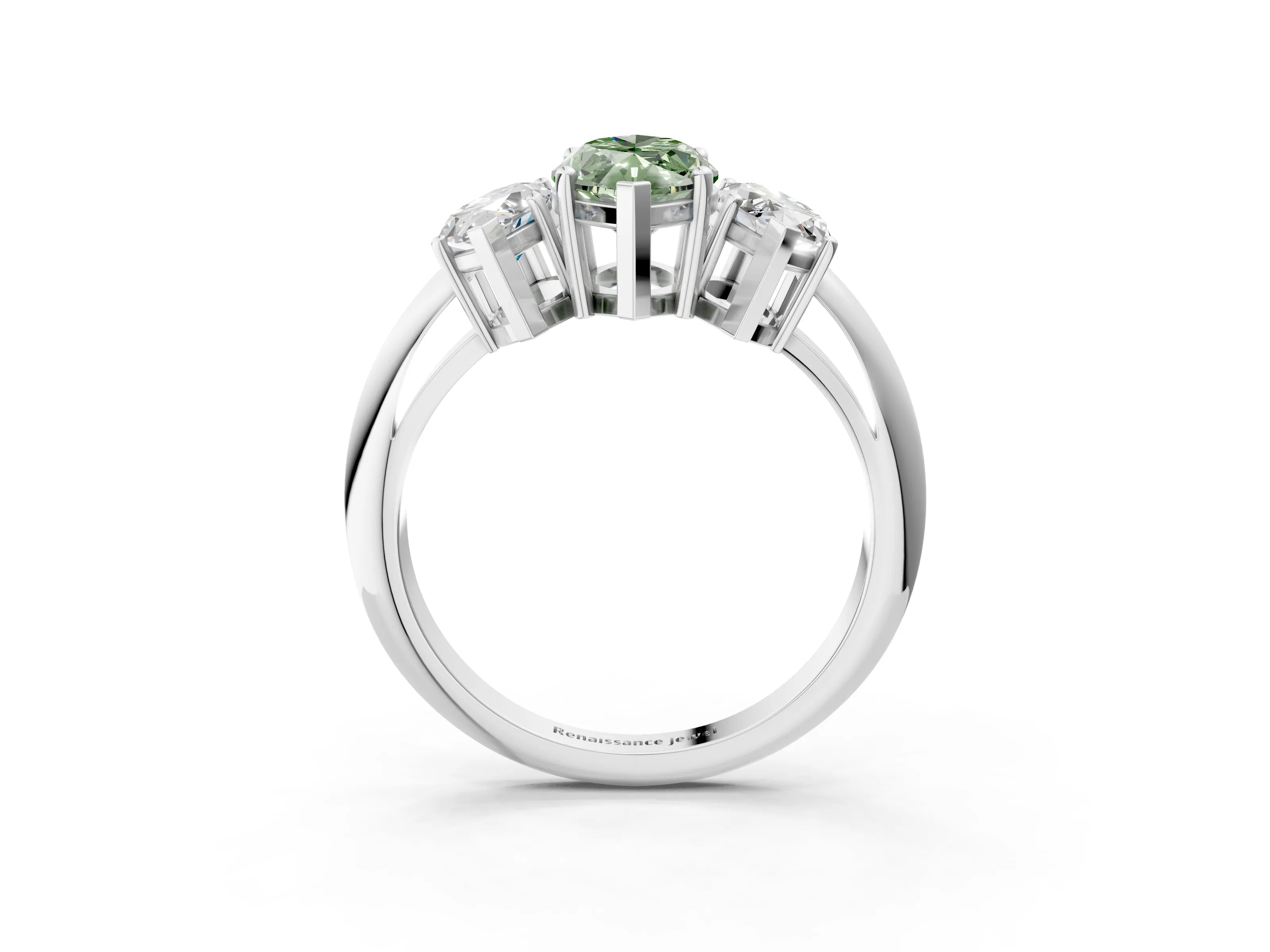 White gold Three-Stone Fancy Green Marquise Cut Cut Diamond Engagement Ring with Prong Setting on a White Gold Band_15