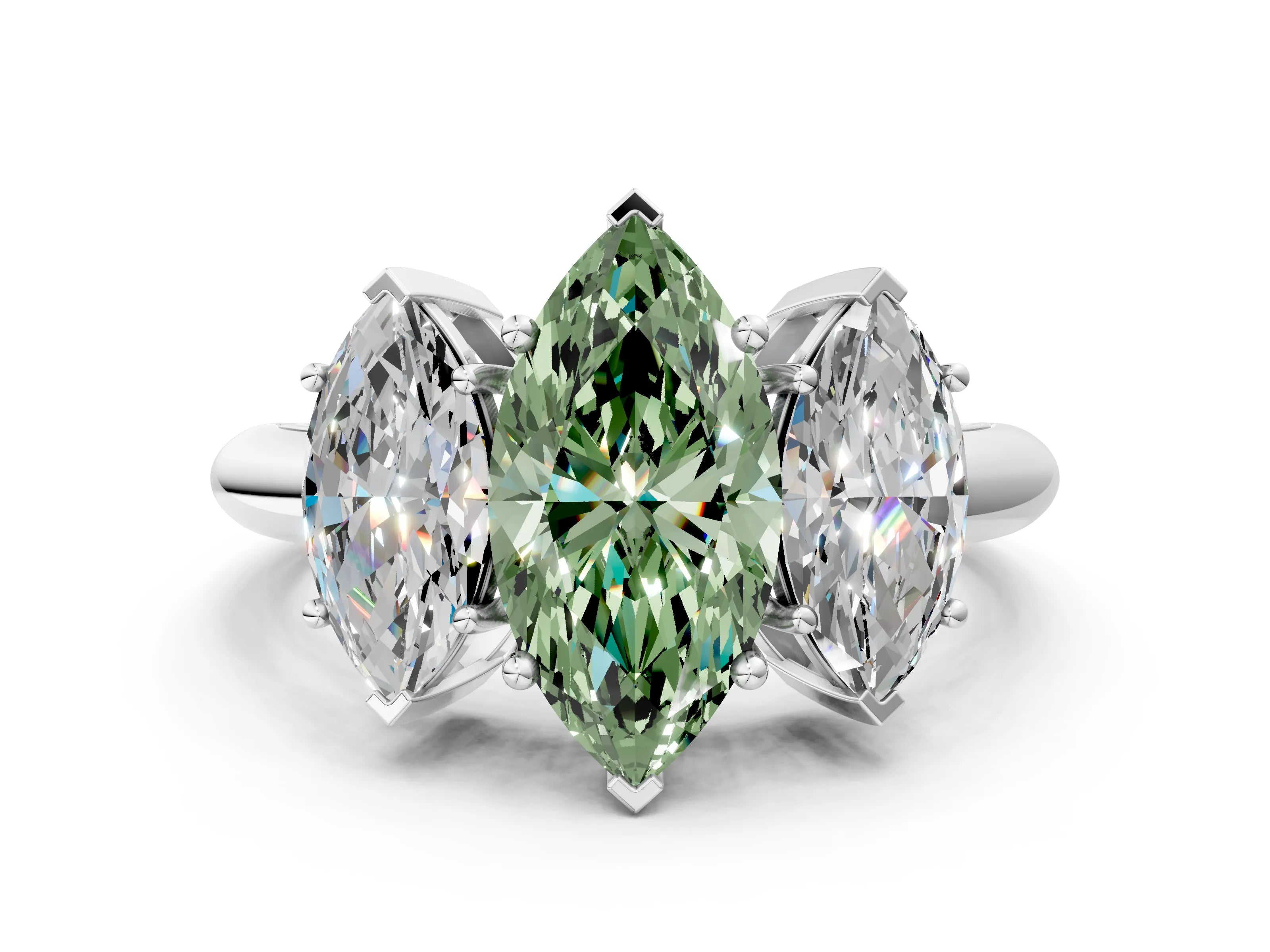 White gold Three-Stone Fancy Green Marquise Cut Cut Diamond Engagement Ring with Prong Setting on a White Gold Band_24